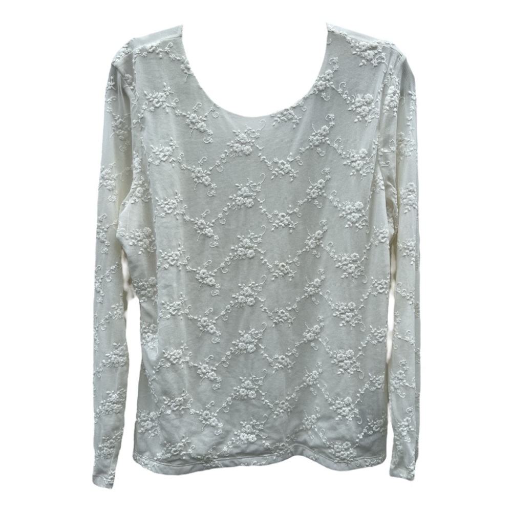 Liz Claiborne  XL White Lace Embroidery Semi Sheer Long Sleeve Coquette Top‎ NWT